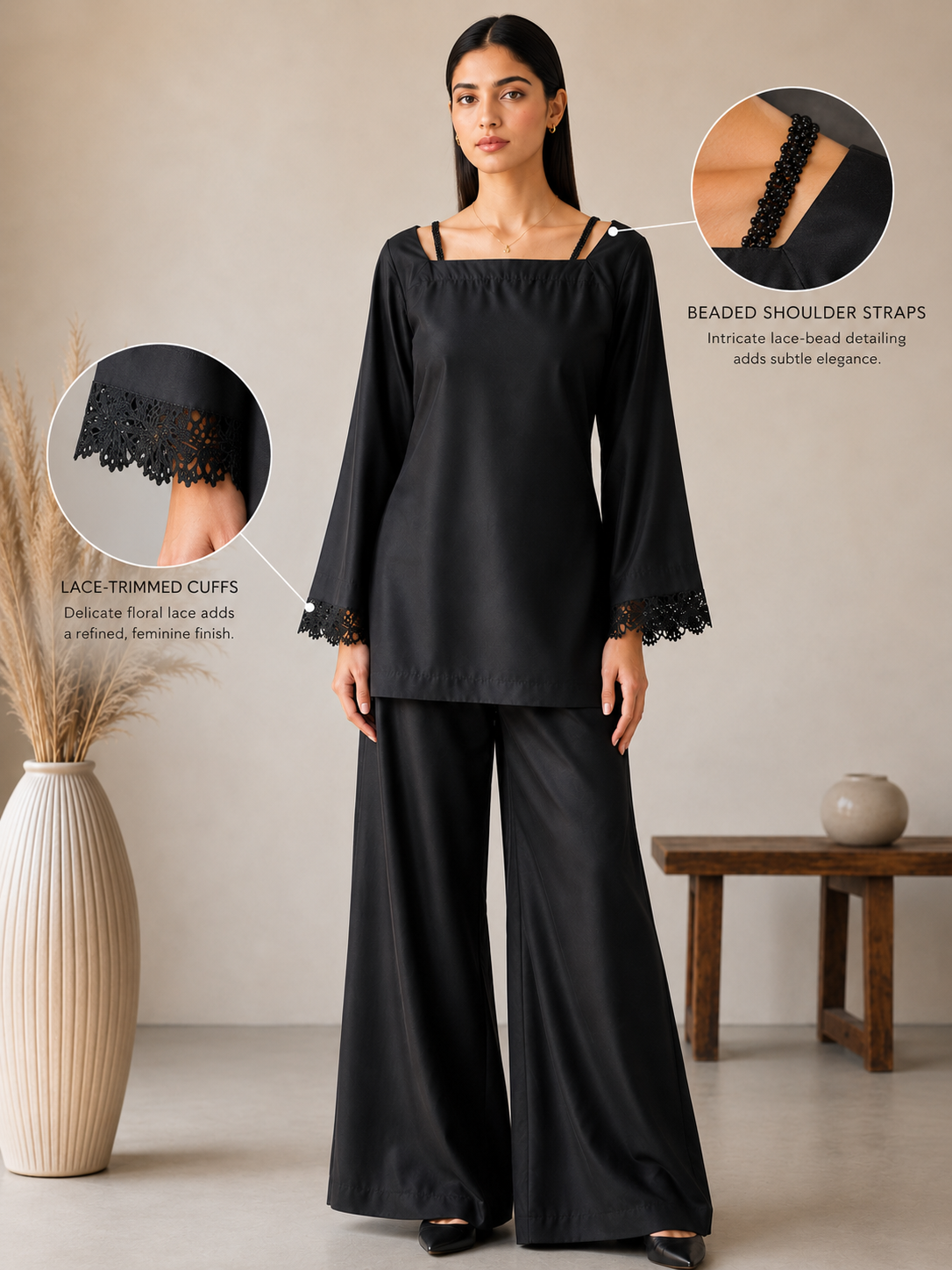 Qasr-e-Noor – Black Lace Detail