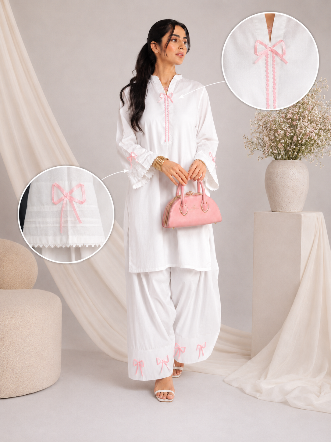 Luna – White | Pink Bow Detail & Farshi Shalwaar Suit