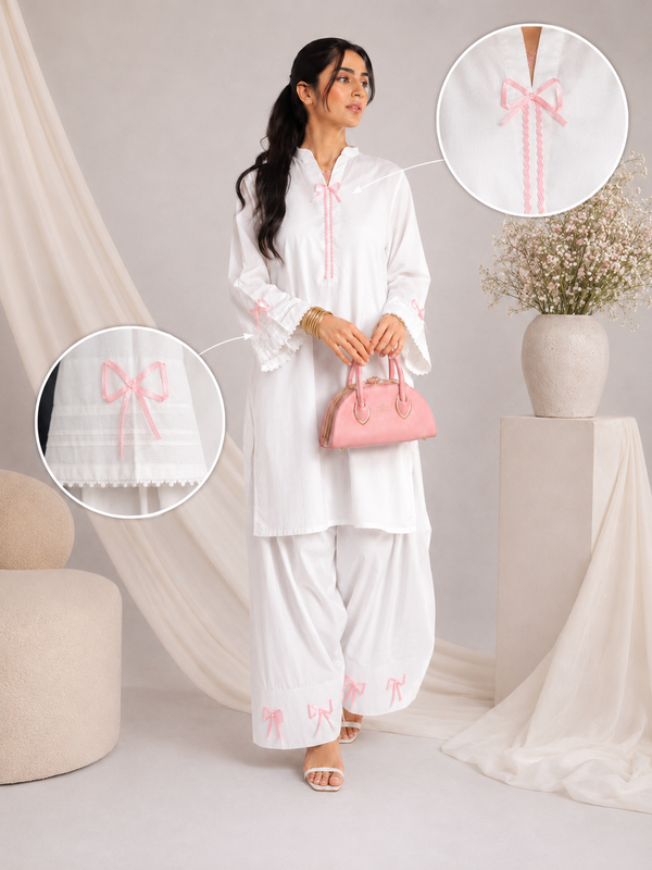 Luna – White | Pink Bow Detail & Farshi Shalwaar Suit
