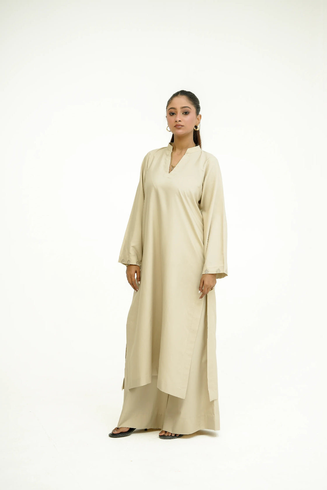Beige long dress with heart embroidery on cuffs