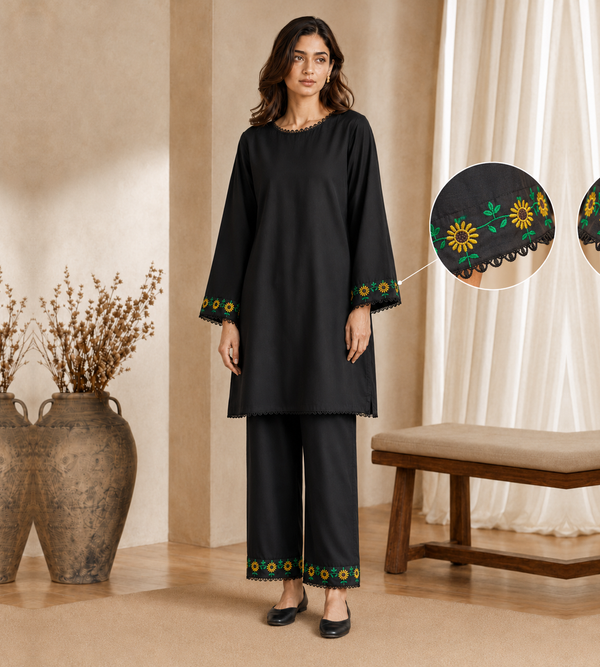 Sooraj Mukhi – Jet Black Sunflower Embroidered Two-Piece Set