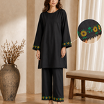 Close-up of sunflower embroidery on Sooraj Mukhi black kurta cuff